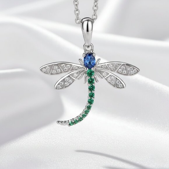 Dragonfly Insect Blue Green Clear CZ Silver Sparkly Fashion Pendant Necklace - Picture 7 of 8